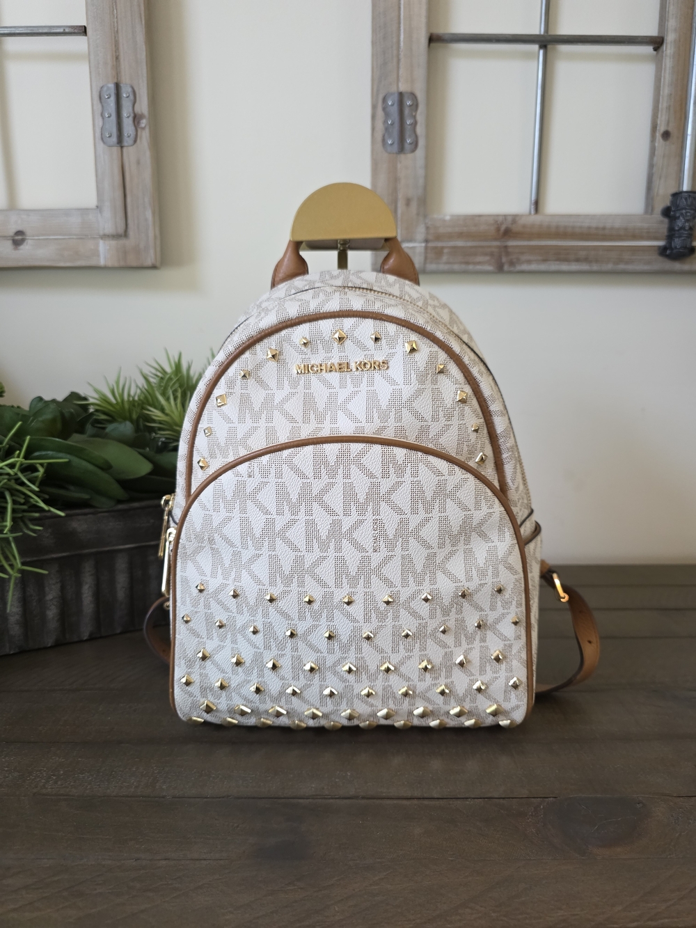 Michael Kors Abby Medium Backpack Vanilla Cream Signature Studded Gold Hardware